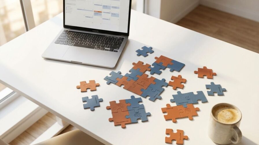 Puzzelstukjes in bedrijfskleuren op wit bureau symboliseren teamwork en culturele match in moderne werkruimte