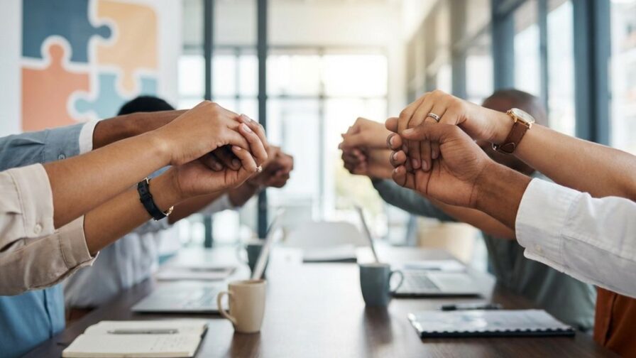 Diverse handen komen samen in teamgebaar boven conferentietafel, kantooromgeving met puzzelstukken op achtergrond