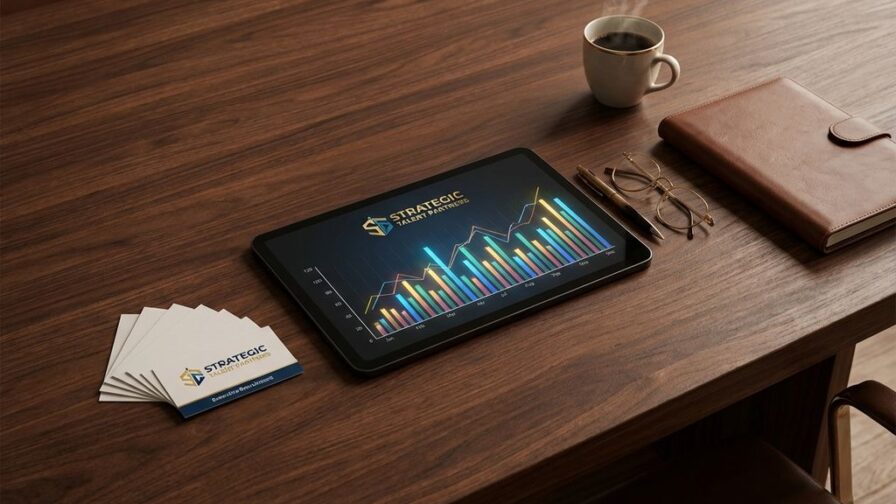 Houten vergadertafel van bovenaf met tablet met analytics, visitekaartjes, portfolio en koffie voor werkgeversmerk