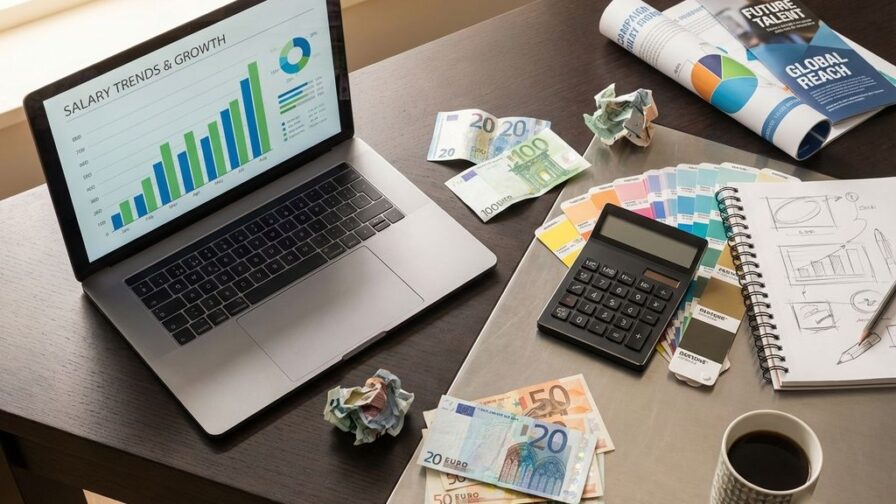 Moderne bureauopstelling met eurobiljetten, calculator, laptop met salarisdata en marketingmaterialen voor recruitment
