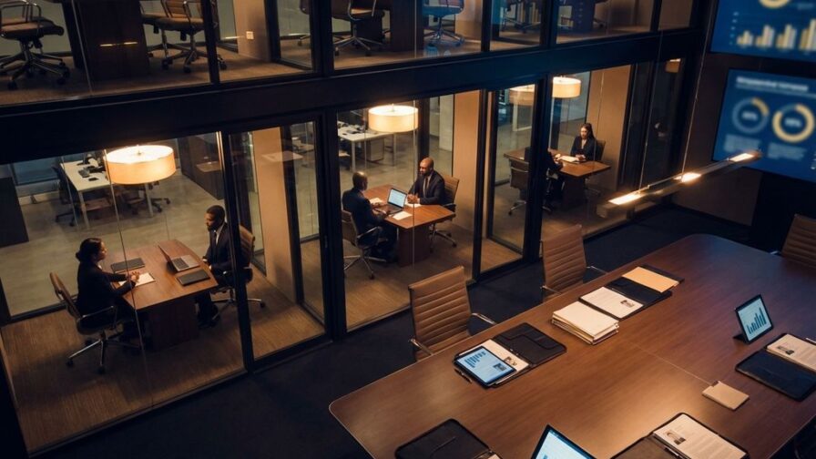 Luchtfoto van moderne kantoorruimte met glazen sollicitatiekamers, conferentietafel met cv's en professionele figuren