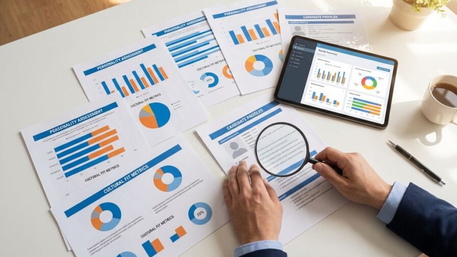 Bovenaanzicht van modern bureau met persoonlijkheidstests, grafieken en tablet voor recruitmentanalyse