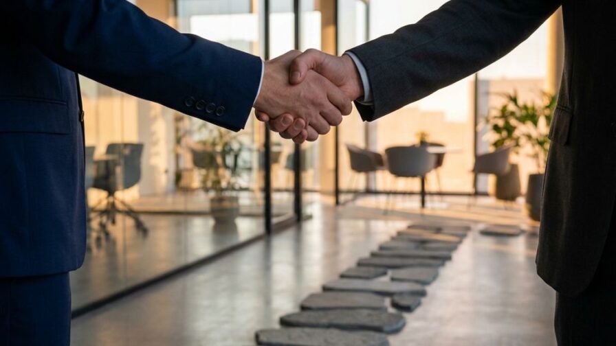 Professionele handdruk tussen zakenmensen in modern kantoor met warme verlichting en glasconferentieruimtes