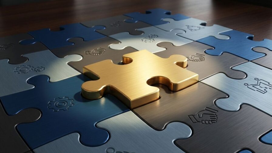 Gouden puzzelstuk past perfect in blauwe bedrijfspuzzel met werkpleksymbolen en dramatische belichting