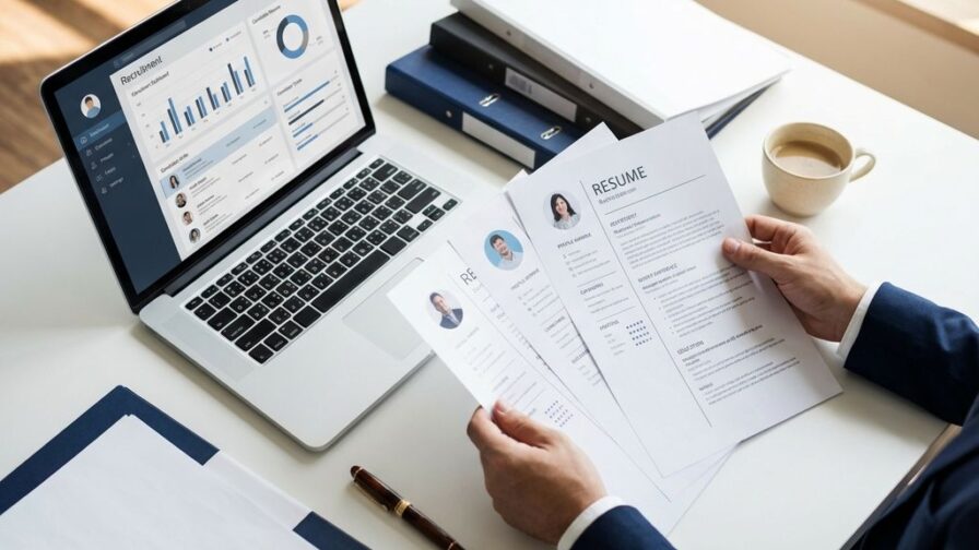 Handen van recruiter die sollicitatiebrieven bekijkt op professioneel bureau met laptop en koffie