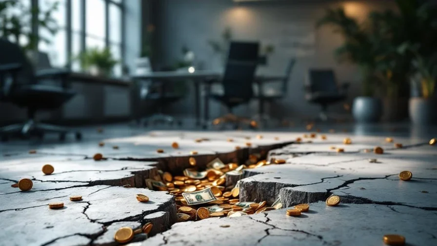 Gebarsten fundering met geld dat door scheuren valt, symboliseert financiële verliezen door slechte werving