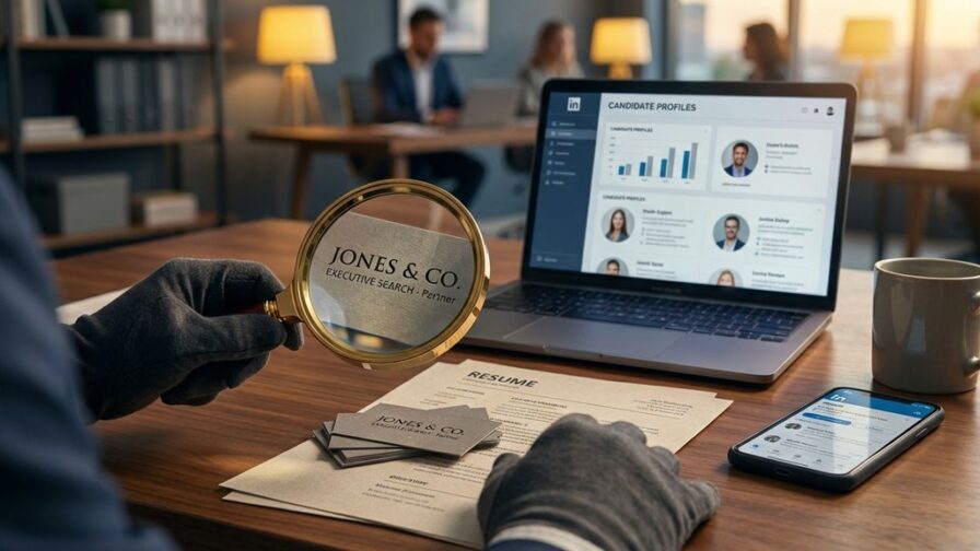 Handen houden vergrootglas boven cv's en visitekaartjes op bureau, laptop toont kandidaatprofielen, recruitment selectie