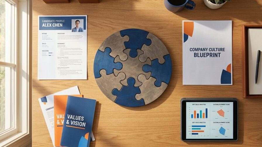 Bovenaanzicht van modern bureau met puzzel van menselijke silhouetten, recruitmentdocumenten en tablet met data-analyse