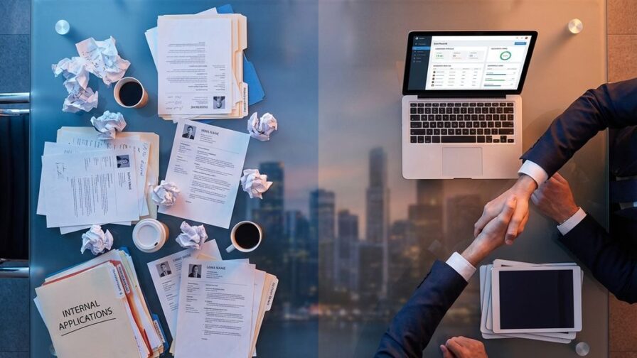 Moderne glazen vergadertafel met chaotische cv's links en georganiseerde kandidaatprofielen op laptop rechts