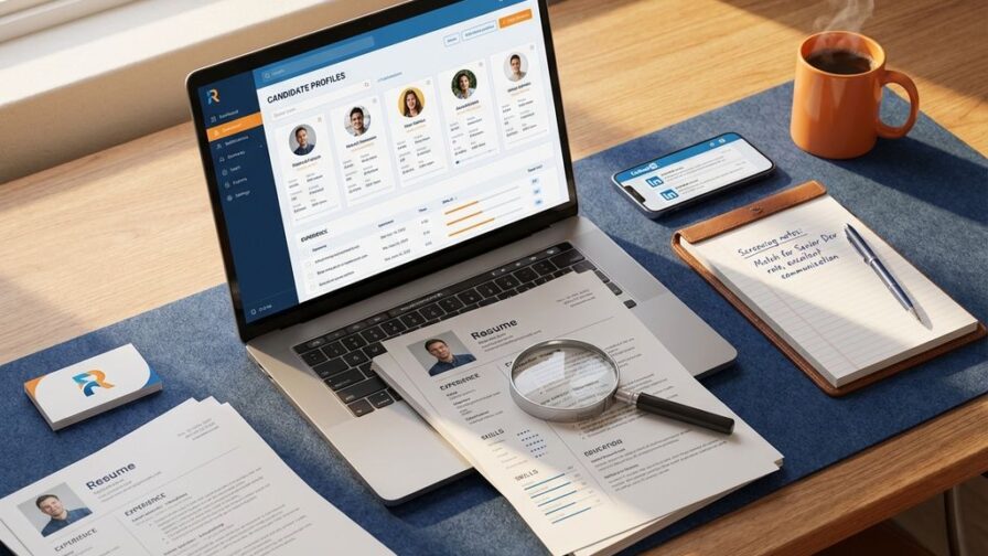 Bovenaanzicht van modern bureau met laptop met kandidaatprofielen, cv's, vergrootglas en koffie voor recruitment