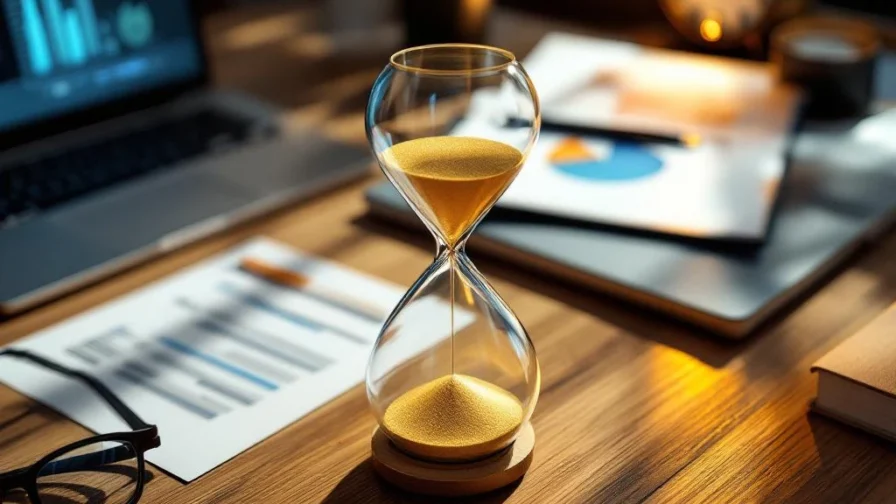 Zandloper met gouden zand op modern bureau met cv's, laptop en wervingsdocumenten voor tijdmanagement in recruitment