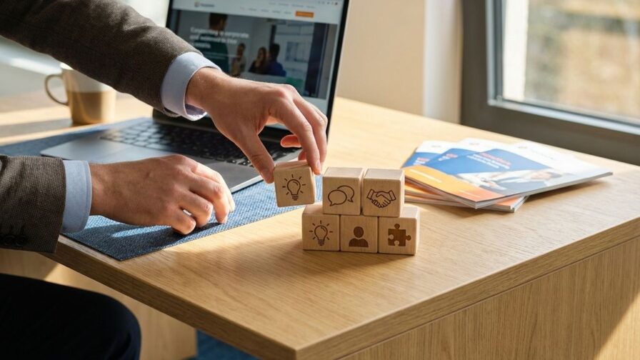 Handen rangschikken houten blokken met soft skills iconen op modern bureau, laptop op achtergrond, warme belichting