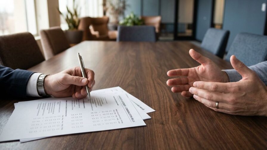 Twee professionele handen aan conferentietafel tijdens sollicitatiegesprek, één met pen boven evaluatieformulier