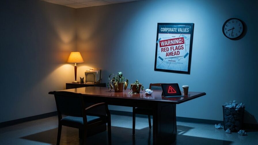 Professionele vergaderruimte met lege stoelen en rode waarschuwingssignalen zoals verwelkte planten en overvolle prullenbak