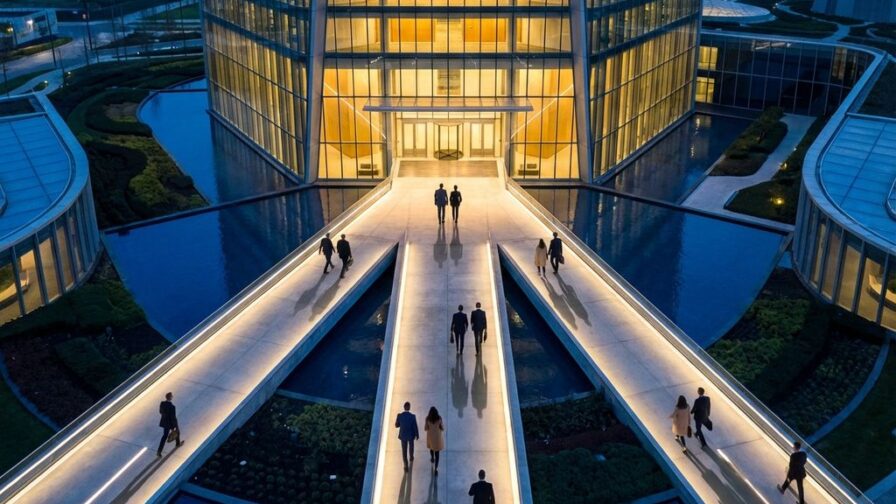 Modern glazen kantoorgebouw met gouden verlichting, professionals lopen over pijlvormige paden naar de ingang