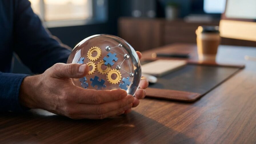 Handen houden glazen bol met tandwielen en puzzelstukjes op houten bureau in moderne kantooromgeving