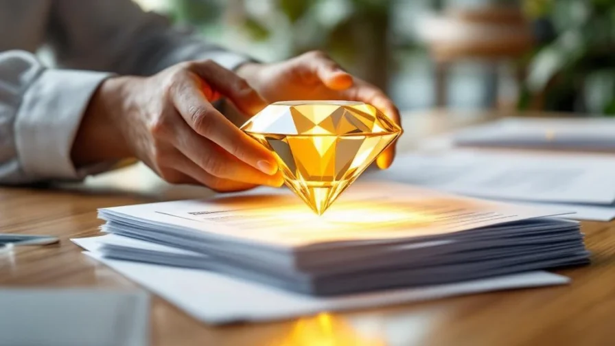 Professionele handen houden gloeiende diamant boven stapel cv's op modern bureau, symboliseert talent ontdekking