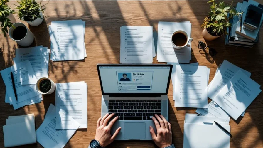 Moderne kantoorbureau met lege cv-mappen, laptop met vacature zonder sollicitaties, verwelkte planten symboliseren recruitersfrustratie