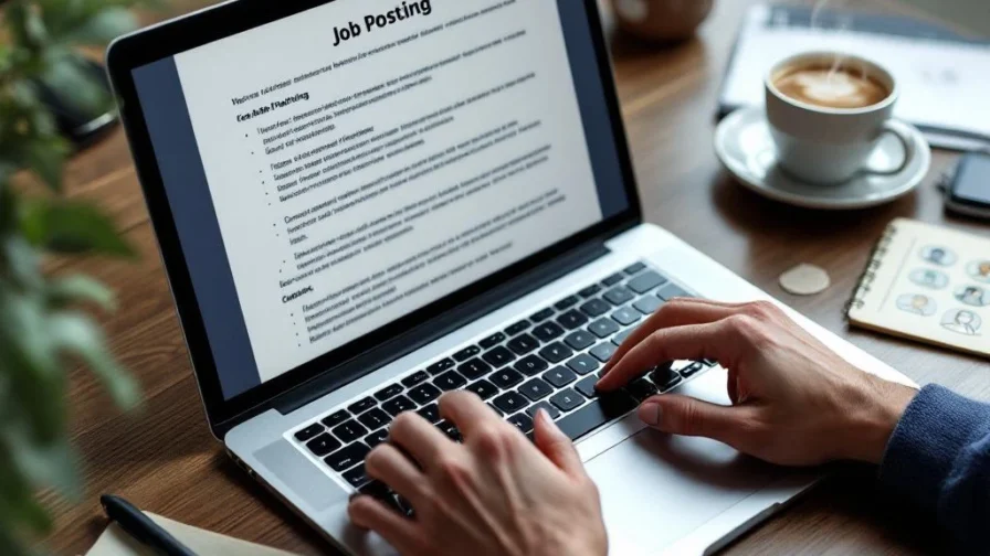 Handen typen op laptop met vacature op scherm, omringd door rekruteringstools op houten bureau