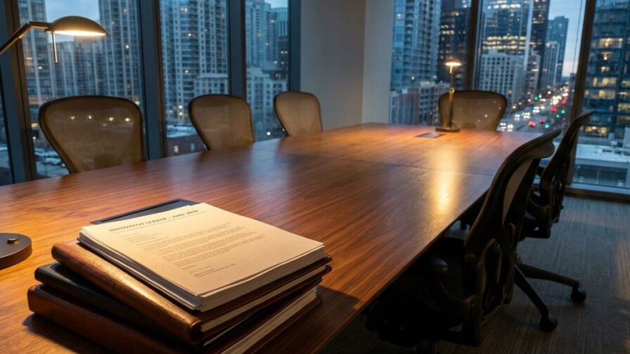 Lege vergadertafel met moderne stoelen en ongelezen cv's op voorgrond, kantooromgeving met stadsbeeld op achtergrond