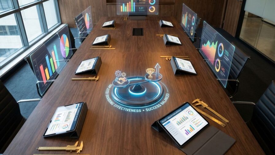 Luchtfoto van moderne bestuurskamer met zwevende datavisualisaties, meetinstrumenten en digitale weegschaal voor werkgeversmerk