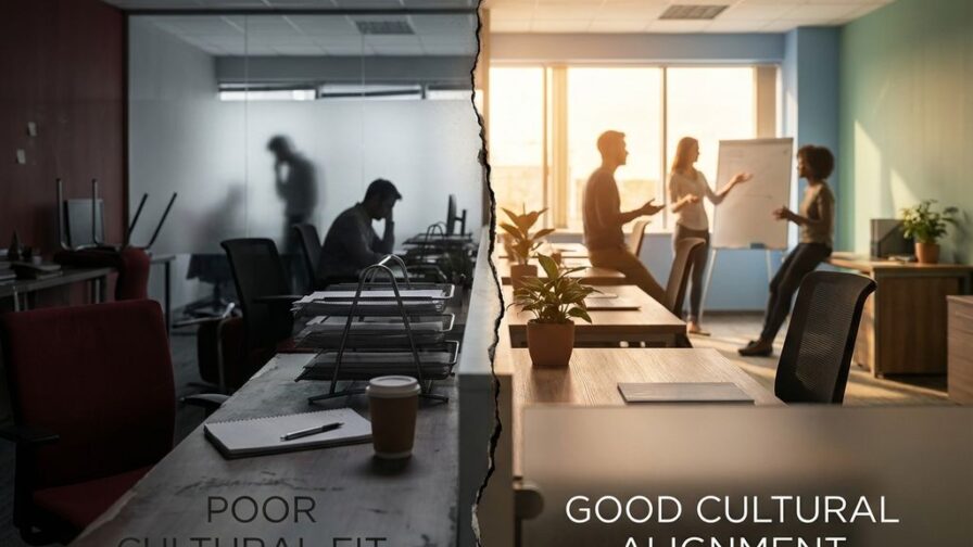 Gesplitste werkplek toont chaotisch kantoor links versus harmonieus team rechts, contrast in bedrijfscultuur