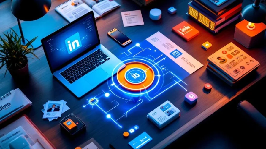 Bovenaanzicht van modern bureau met recruitmentkanalen: laptop met LinkedIn, cv's, smartphone en visitekaartjes in trechter