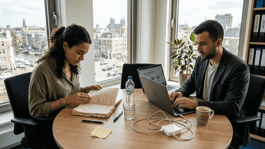 Het marketingteam zit samen aan tafel om het wervingsplan door te nemen.
