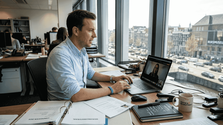 De recruiter ontvangt kandidaten in een modern, licht kantoor tijdens het sollicitatiegesprek.