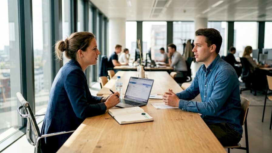 Een recruiter voert een sollicitatiegesprek aan zijn bureau.