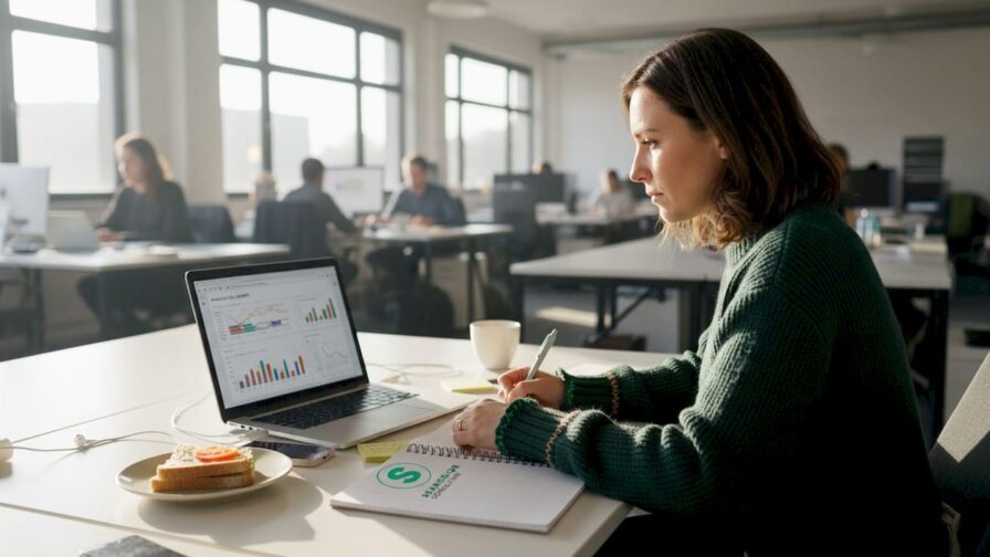 Een marketeer zit achter zijn laptop te werken in een moderne kantooromgeving.