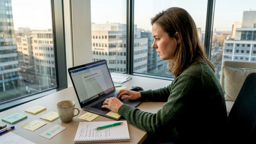 Een content specialist druk bezig op kantoor