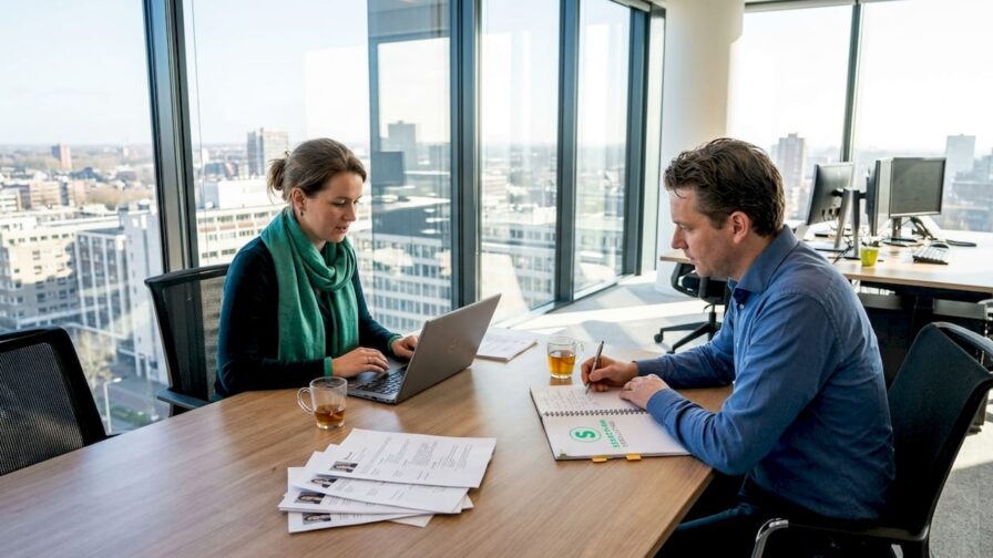 Het recruitmentteam bekijkt samen de cv’s van sollicitanten op kantoor.