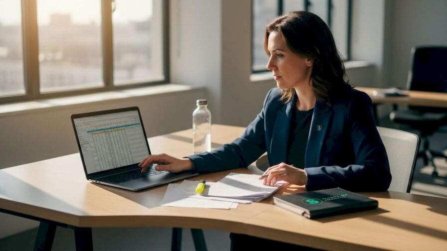 Op kantoor buigt een marketeer zich over de salariscijfers.