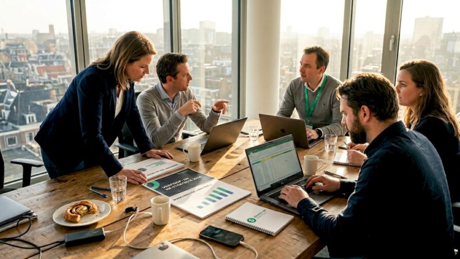 Het team buigt zich samen over de online marketingstrategie.