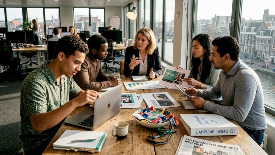 Het marketingteam zit samen aan tafel om ideeën uit te wisselen en plannen te maken.