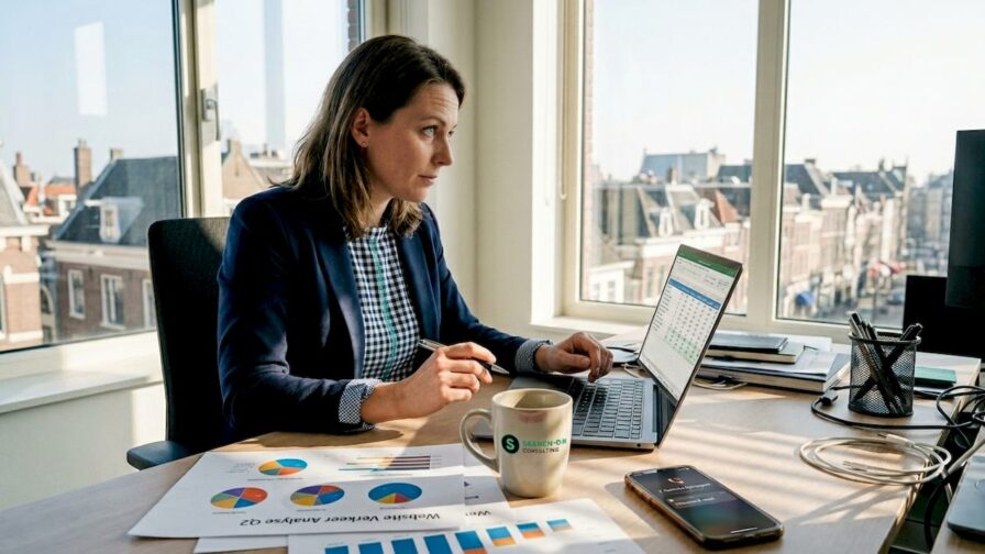 De marketingmanager zit achter haar bureau met een laptop en stapel rapporten voor zich.