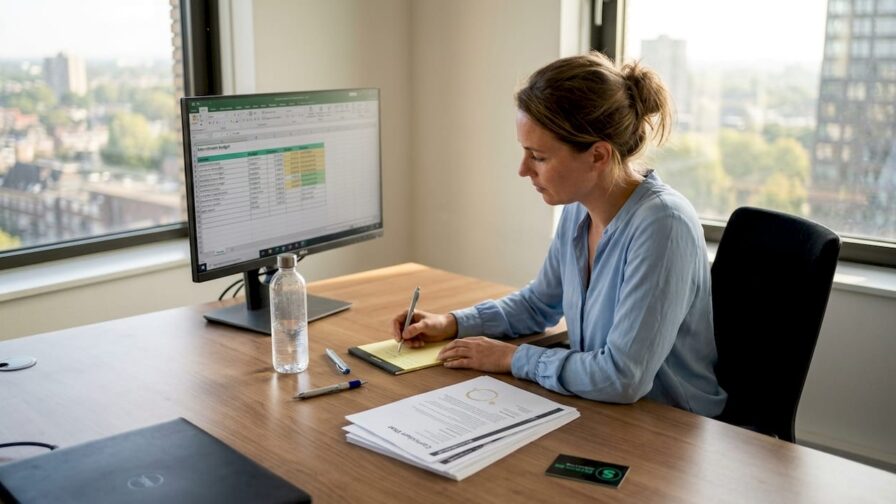 De marketingmanager kijkt de personeelsbegroting na.