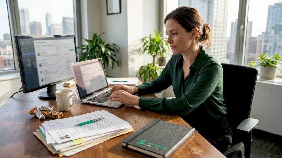 Een recruiter die sollicitanten voor een marketingfunctie beoordeelt