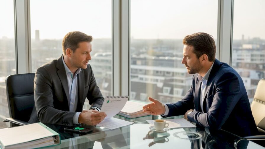 Een recruiter voert een sollicitatiegesprek met een salesmanager op het kantoor in de stad.