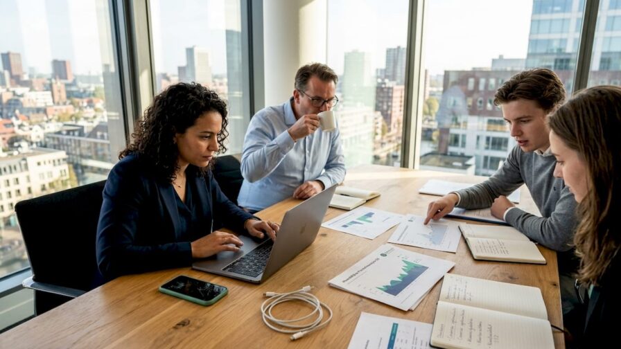 Een team van digital marketeers brainstormt samen aan de vergadertafel.