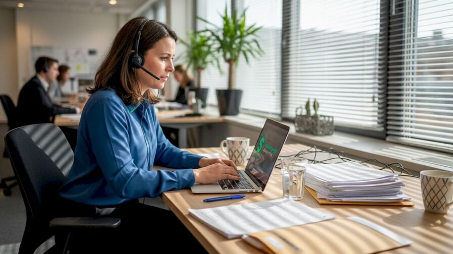 Recruiter aan het werk achter een rommelig bureau vol papieren en koffiekopjes