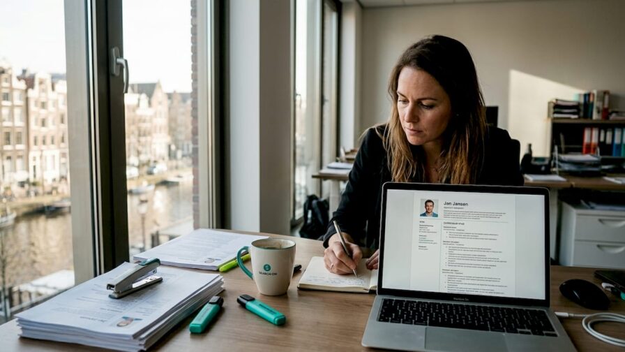 Een recruiter bekijkt aandachtig een cv aan zijn bureau terwijl de ochtendzon naar binnen schijnt.