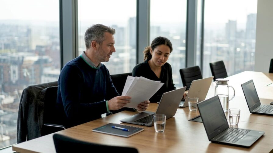 Een team bekijkt de cv’s van sollicitanten voor een salesfunctie op het kantoor in de stad.
