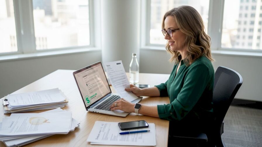 Een recruiter beoordeelt een cv achter zijn bureau op kantoor.