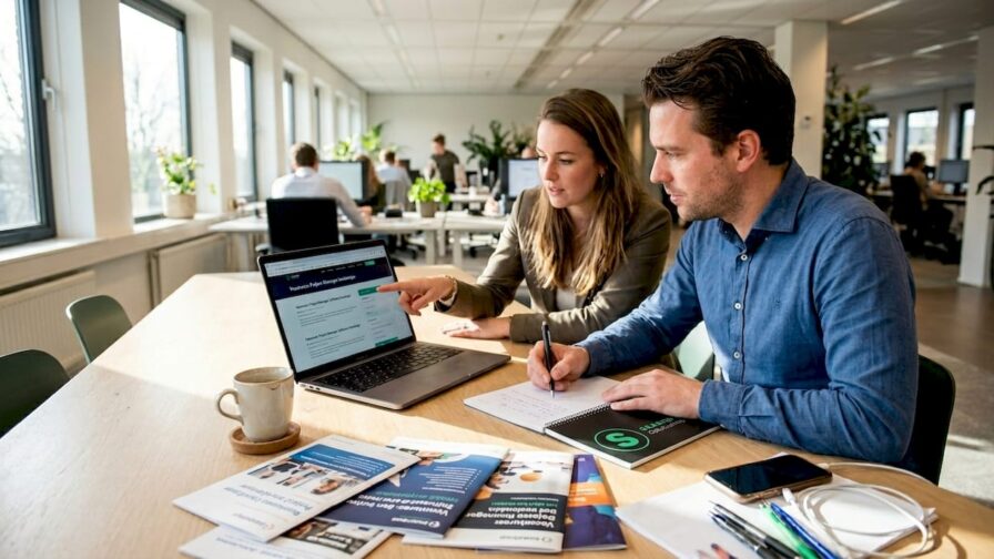Een groep collega's zit samen aan een lichte tafel om te overleggen.