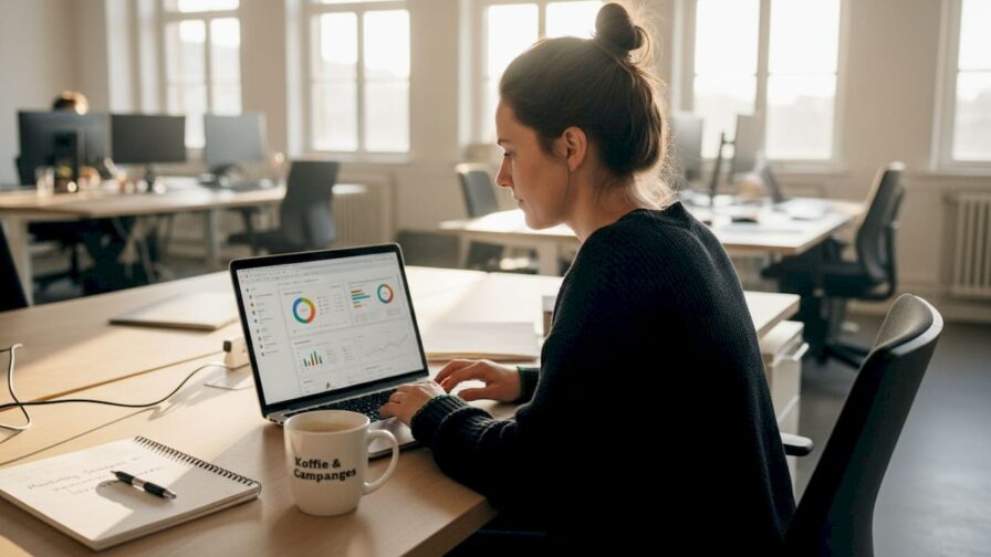 Een digital marketeer is aan het werk achter zijn laptop op kantoor.