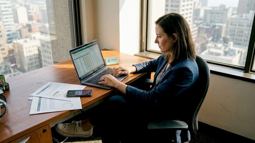 Digitale marketeer aan het werk achter een hoekbureau op kantoor