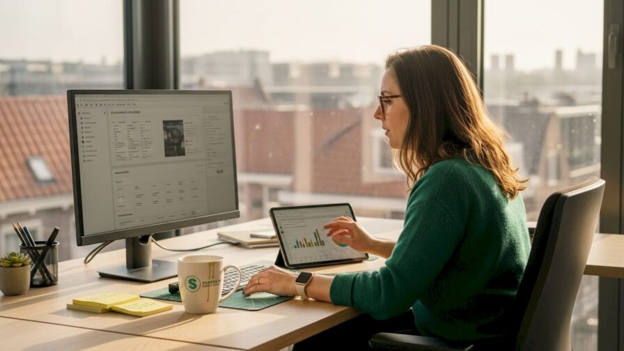 In een lichte, moderne kantoorruimte verdiept een marketeer zich in de resultaten van een lopende campagne.