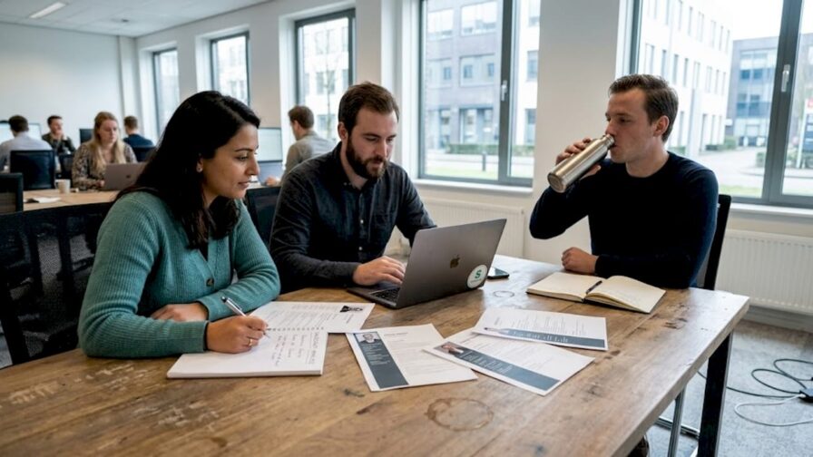 Het sales- en marketingteam buigt zich samen over de binnengekomen cv’s van sollicitanten.